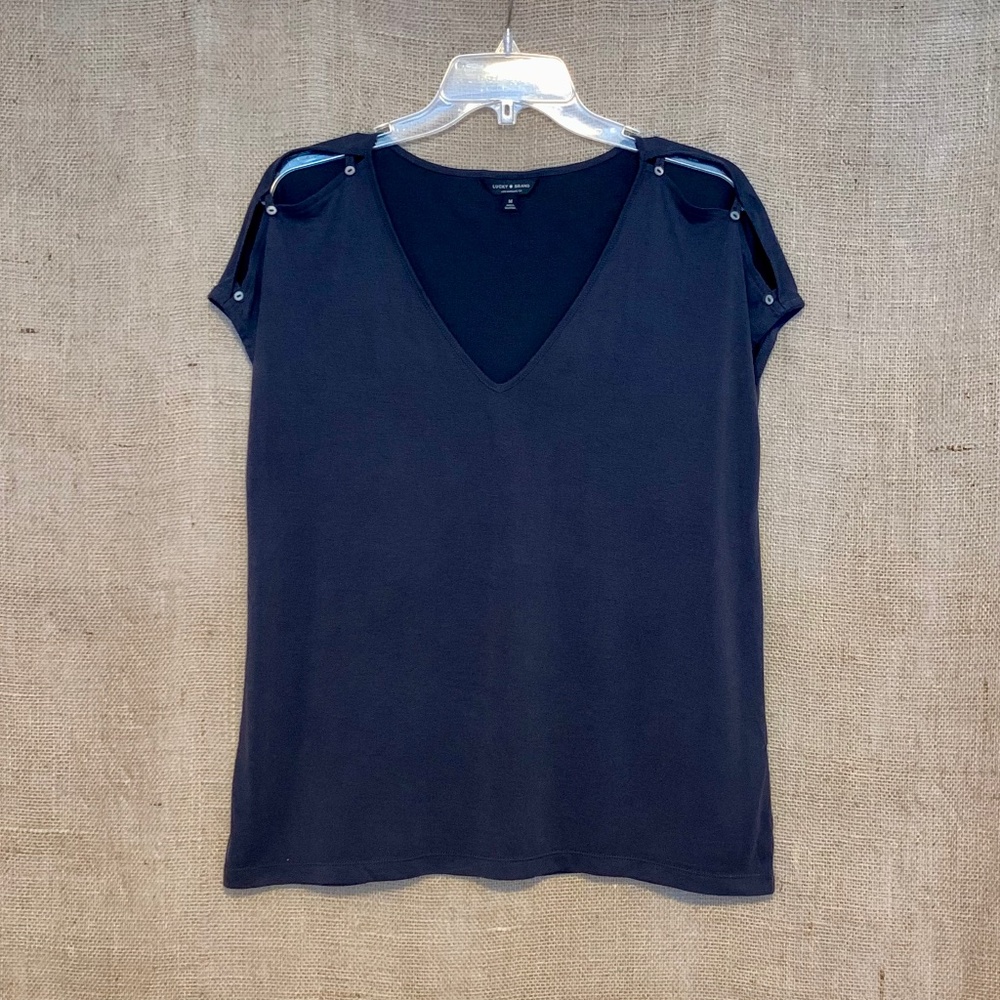 LUCKY BRAND Navy Blue Top Blouse Cap Sleeve Medium